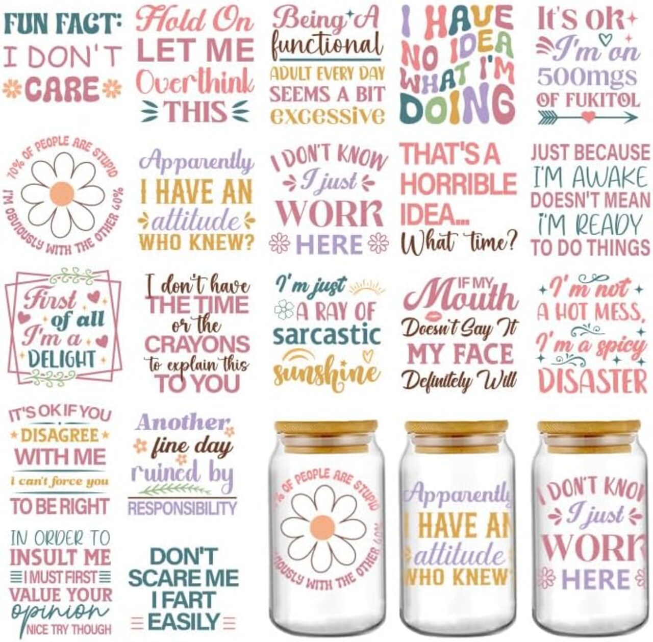 20 Sheets Funny UV DTF Cup Wrap Decals for 16 oz Glass Cups, Waterproof Sarcastic Tumbler Stickers for Water Bottles, Laptops, Phone Cases & DIY Personalized Crafts